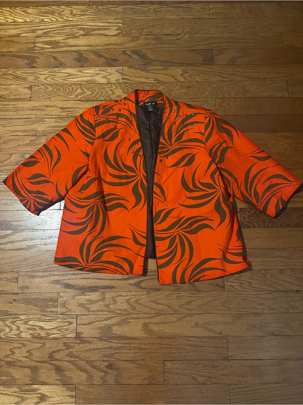 Teri Jon Orange & Black Printed Open Blazer